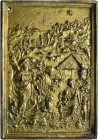 Renaissance. Einseitige, rechteckige Bronzeplakette o.J. ohne Signatur, auf die Anbetung Christi durch die Hirten. In einer hügeligen Landschaft sitzt...