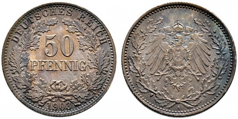 Kleinmünzen. 50 Pfennig 1903 A. J. 15. Prachtexemplar mit feiner Patina, fast St...