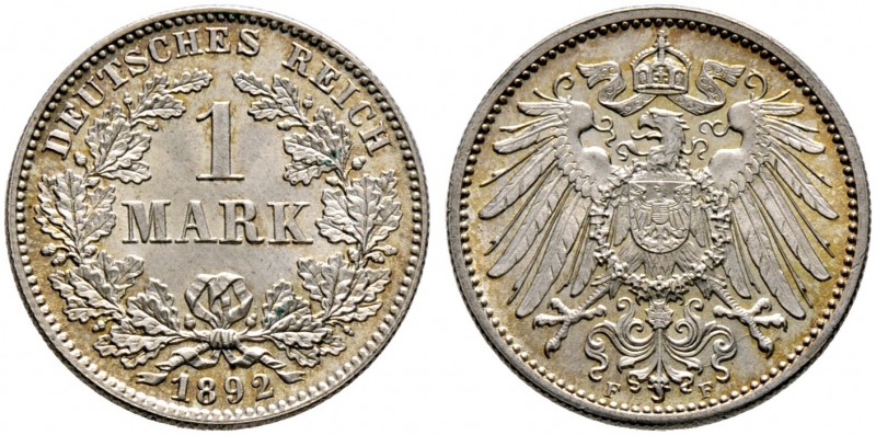 Kleinmünzen. 1 Mark 1892 F. J. 17. seltenes Prachtexemplar mit feiner Tönung, fa...