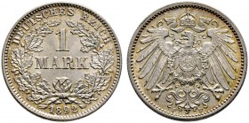 Kleinmünzen. 1 Mark 1892 F. J. 17. seltenes Prachtexemplar mit feiner Tönung, fast Stempelglanz