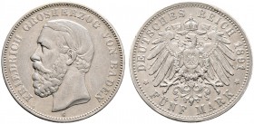 Silbermünzen des Kaiserreiches. BADEN. Friedrich I. 1852-1907. 5 Mark 1891 G. Ohne Querstrich im A von BADEN. J. 29F. 
selten, minimale Randfehler, se...