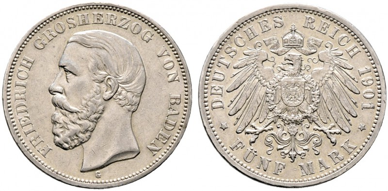 Silbermünzen des Kaiserreiches. BADEN. Friedrich I. 1852-1907. 5 Mark 1901 G. J....