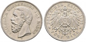 Silbermünzen des Kaiserreiches. BADEN. Friedrich I. 1852-1907. 5 Mark 1901 G. J. 29. minimale Randfehler, fast vorzüglich