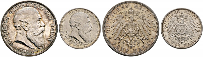 Silbermünzen des Kaiserreiches. BADEN. Friedrich I. 1852-1907. Lot (2 Stücke): 2...