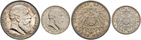 Silbermünzen des Kaiserreiches. BADEN. Friedrich I. 1852-1907. Lot (2 Stücke): 2 Mark 1902. Regierungsjubiläum sowie 5 Mark 1907. Tod (J. 30,37). 
vor...