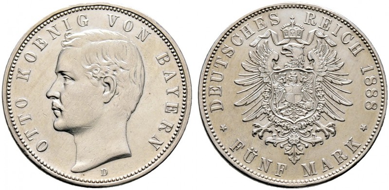 Silbermünzen des Kaiserreiches. BAYERN. Otto 1888-1913. 5 Mark 1888 D. J. 44. le...