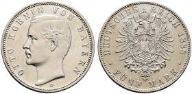 Silbermünzen des Kaiserreiches. BAYERN. Otto 1888-1913. 5 Mark 1888 D. J. 44. leicht geputzt, sehr schön-vorzüglich