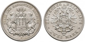 Silbermünzen des Kaiserreiches. HAMBURG. 2 Mark 1876 J. J. 61. vorzüglich-prägefrisch