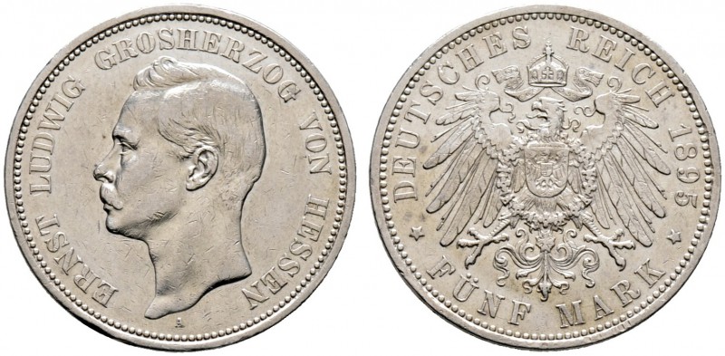 Silbermünzen des Kaiserreiches. HESSEN. Ernst Ludwig 1892-1918. 5 Mark 1895 A. J...