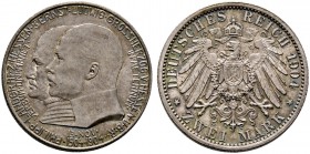 Silbermünzen des Kaiserreiches. HESSEN. Ernst Ludwig 1892-1918. 2 Mark 1904 Philipp der Großmütige. J. 74. herrliche Patina, fast Stempelglanz