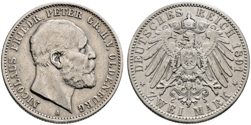 Silbermünzen des Kaiserreiches. OLDENBURG. Nicolaus Friedrich Peter 1853-1900. 2...