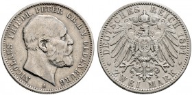 Silbermünzen des Kaiserreiches. OLDENBURG. Nicolaus Friedrich Peter 1853-1900. 2 Mark 1891 A. J. 93. fast sehr schön