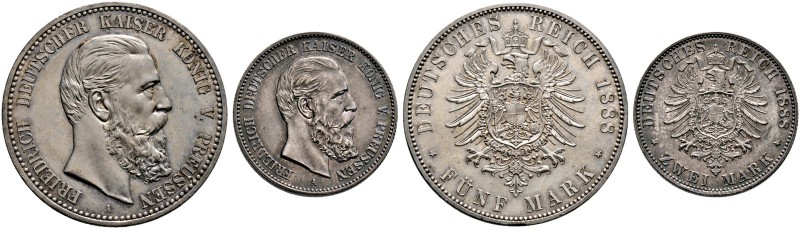 Silbermünzen des Kaiserreiches. Friedrich III. 1888. Lot (2 Stücke): 2 und 5 Mar...