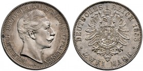 Silbermünzen des Kaiserreiches. Wilhelm II. 1888-1918. 2 Mark 1888 A. J. 100. feine Patina, vorzüglich/vorzüglich-Stempelglanz