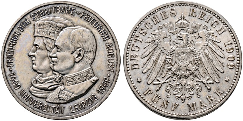Silbermünzen des Kaiserreiches. Friedrich August III. 1904-1918. 5 Mark 1909. Un...