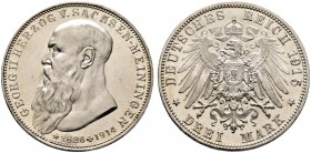 Silbermünzen des Kaiserreiches. SACHSEN-MEININGEN. Georg II. 1866-1915. 3 Mark 1915. Auf seinen Tod. J. 155. 
Überprägungsspuren auf dem Avers, Polier...