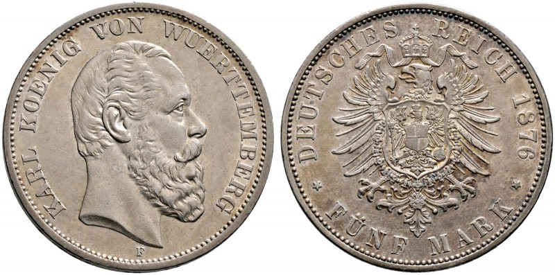 Silbermünzen des Kaiserreiches. WÜRTTEMBERG. Karl 1864-1891. 5 Mark 1876 F. J. 1...