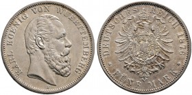 Silbermünzen des Kaiserreiches. WÜRTTEMBERG. Karl 1864-1891. 5 Mark 1876 F. J. 173. 
feine Patina, minimale Kratzer und Randfehler, fast vorzüglich
Au...