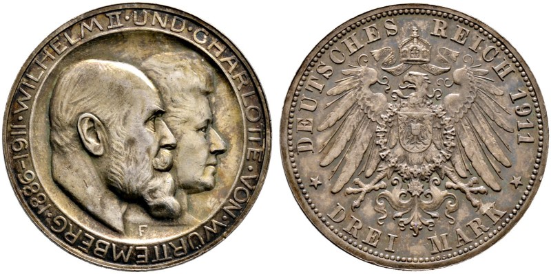 Silbermünzen des Kaiserreiches. Wilhelm II. 1891-1918. 3 Mark 1911 F. Silberhoch...
