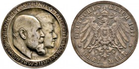 Silbermünzen des Kaiserreiches. Wilhelm II. 1891-1918. 3 Mark 1911 F. Silberhochzeit. Hohes H. J. 177b. 
feine Patina, fast Stempelglanz