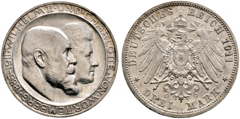 Silbermünzen des Kaiserreiches. Wilhelm II. 1891-1918. 3 Mark 1911 F. Silberhoch...