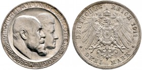 Silbermünzen des Kaiserreiches. Wilhelm II. 1891-1918. 3 Mark 1911 F. Silberhochzeit. Hohes H. J. 177b. winzige Randfehler, vorzüglich-prägefrisch