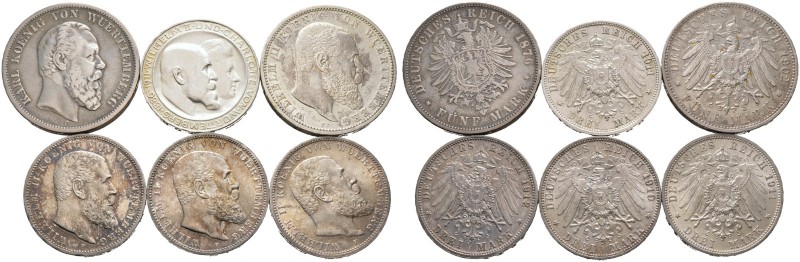 Silbermünzen des Kaiserreiches. Wilhelm II. 1891-1918. Lot (6 Stücke): 3 Mark 19...