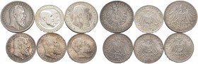Silbermünzen des Kaiserreiches. Wilhelm II. 1891-1918. Lot (6 Stücke): 3 Mark 1910-1912, 5 Mark 1902 und 3 Mark 1911 Silberhochzeit. Dazu: Karl, 5 Mar...