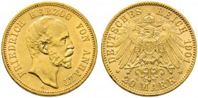 Reichsgoldmünzen. ANHALT. Friedrich I. 1871-1904. 20 Mark 1901 A. 70. Geburtstag. J. 181. selten, minimale Randfehler, sehr schön-vorzüglich