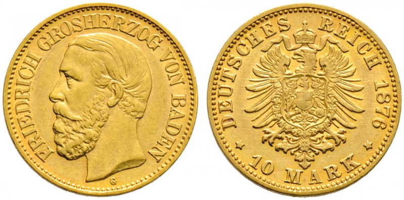 Reichsgoldmünzen. BADEN. Friedrich I. 1852-1907. 10 Mark 1876 G. J. 186. sehr sc...