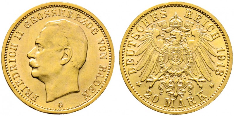 Reichsgoldmünzen. Friedrich II. 1907-1918. 20 Mark 1913 G. J. 192. vorzüglich-pr...