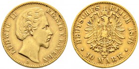 Reichsgoldmünzen. BAYERN. Ludwig II. 1864-1886. 10 Mark 1876 D. J. 196. leichte Kratzer auf dem Avers, sehr schön