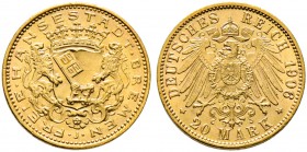 Reichsgoldmünzen. BREMEN. 20 Mark 1906 J. J. 205. winzige Randunebenheiten, fast prägefrisch