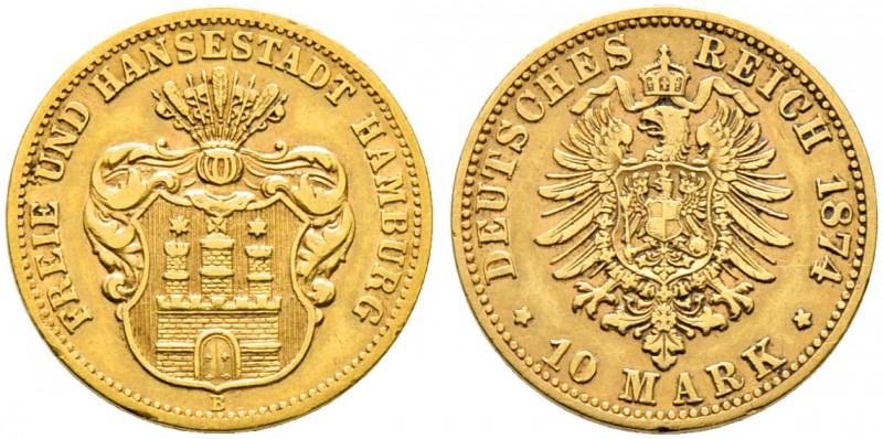 Reichsgoldmünzen. HAMBURG. 10 Mark 1874 B. J. 207. selten, winzige Randfehler, s...