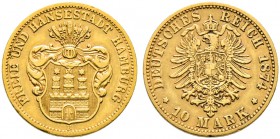 Reichsgoldmünzen. HAMBURG. 10 Mark 1874 B. J. 207. selten, winzige Randfehler, sehr schön