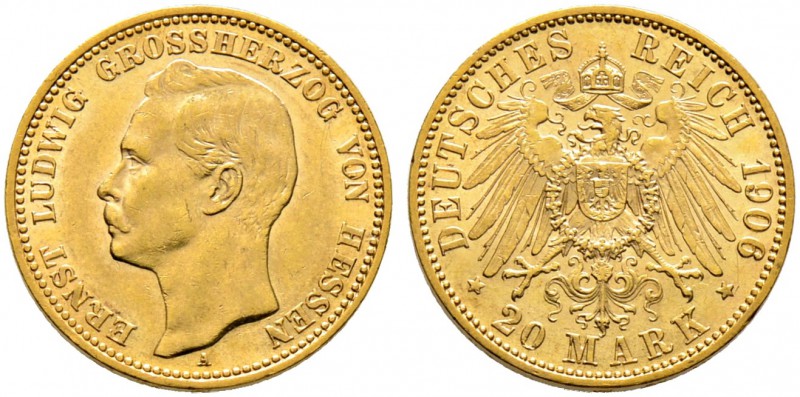 Reichsgoldmünzen. HESSEN. Ernst Ludwig 1892-1918. 20 Mark 1906 A. J. 226. 
 mini...