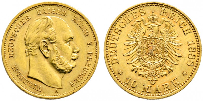 Reichsgoldmünzen. PREUSSEN. Wilhelm I. 1861-1888. 10 Mark 1888 A. J. 245. 
winzi...