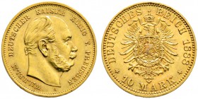 Reichsgoldmünzen. PREUSSEN. Wilhelm I. 1861-1888. 10 Mark 1888 A. J. 245. 
winzige Randfehler und Kratzer, vorzüglich-Stempelglanz