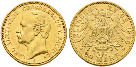 Reichsgoldmünzen. SACHSEN-WEIMAR-EISENACH. Carl Alexander 1853-1901. 20 Mark 1896 A. J. 282. selten, leichte Randfehler, sehr schön