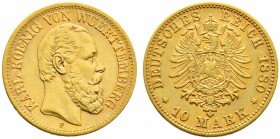 Reichsgoldmünzen. WÜRTTEMBERG. Karl 1864-1891. 10 Mark 1880 F. J. 292. winzige Randfehler, sehr schön-vorzüglich