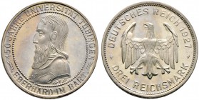 Weimarer Republik. 3 Reichsmark 1927 F. Uni Tübingen. J. 328. leichte Tönung, winzige Haarlinien, Polierte Platte