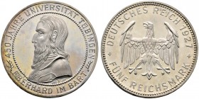 Weimarer Republik. 5 Reichsmark 1927 F. Uni Tübingen. J. 329. leichte Tönung, winzige Haarlinien, Polierte Platte