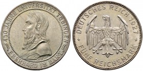 Weimarer Republik. 5 Reichsmark 1927 F. Uni Tübingen. J. 329. winzige Kratzer, vorzüglich-Stempelglanz