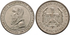 Weimarer Republik. 5 Reichsmark 1927 F. Uni Tübingen. J. 329. vorzüglich