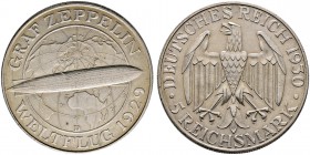 Weimarer Republik. 5 Reichsmark 1930 F. Zeppelin. J. 343. leichte Patina, winzige Kratzer, vorzüglich-Stempelglanz