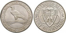 Weimarer Republik. 5 Reichsmark 1930 F. Rheinlandräumung. J. 346. Prachtexemplar, fast Stempelglanz