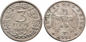 Weimarer Republik. 3 Reichsmark 1931 F. Kursmünze. J. 349. minimale Randfehler, sehr schön