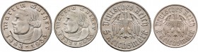 Drittes Reich. Lot (2 Stücke): 2 Reichsmark 1933 F sowie 5 Reichsmark 1933 F. Luther. J. 352,353. 
leichte Tönung, minimale Kratzer, vorzüglich-prägef...