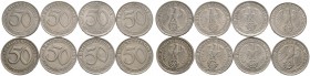 Drittes Reich. Lot (8 Stücke): 50 Reichspfennig -Nickel-. 1938 B,D und J sowie 1939 A,D,F,G und J. J. 365. 
sehr schön-vorzüglich, vorzüglich