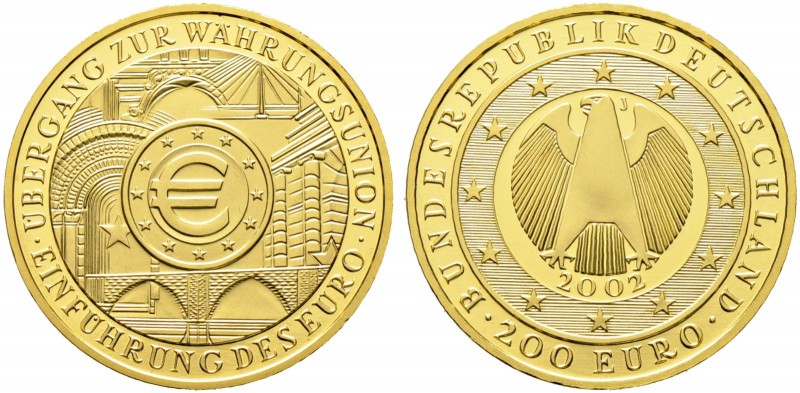 Bundesrepublik Deutschland. 200 Euro-Goldmünze 2002 J. Übergang zur Währungsunio...